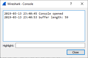 Wireshark console with messages for Wireshark 3.0