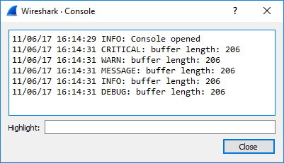 Wireshark console with messages